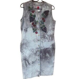 Sun Belt Denim Dress Medium Tie-Dye Button-Front Sleeveless hand painted Fruit